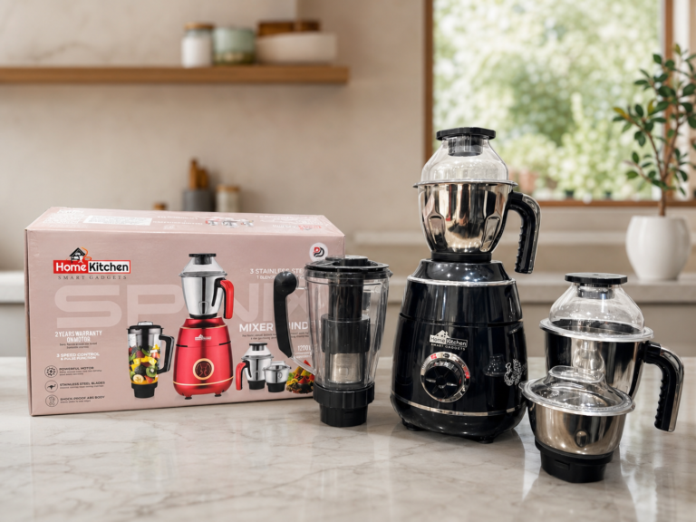 Experience powerful performance and effortless food preparation with the HomeKitchen Spinix 1200W Mixer Grinder. Designed for modern kitchens, it features a high-performance copper motor that delivers fast, efficient grinding and blending for everyday cooking. Whether you're preparing masalas, chutneys, smoothies, batters, or juices, Spinix ensures smooth and consistent results every time. Equipped with 4 durable stainless steel jars, including a filter jar, this mixer grinder is perfect for dry grinding, wet grinding, blending, and juicing. Its sharp stainless steel blades handle tough ingredients with ease, while the sturdy ABS body and anti-slip feet provide stability and long-lasting durability. High-wattage mixer grinders are well-suited for demanding kitchen tasks like grinding hard spices and large batches.