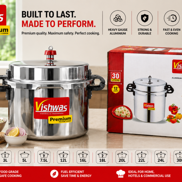 VISHWAS Aluminium Outer Lid Pressure Cooker | 22L | Heavy Duty Aluminium Body | Commercial Grade | Gas Stove Compatible | Thick Base | Strong Handles | Ideal for Hotels, Restaurants & Catering | Silver