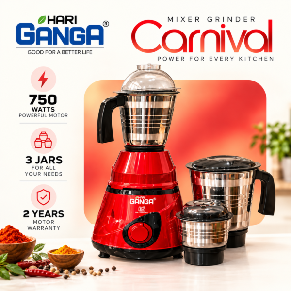Hari Ganga Carnival Mixer Grinder | 3Jars | 750Watts | 24 Months Warranty