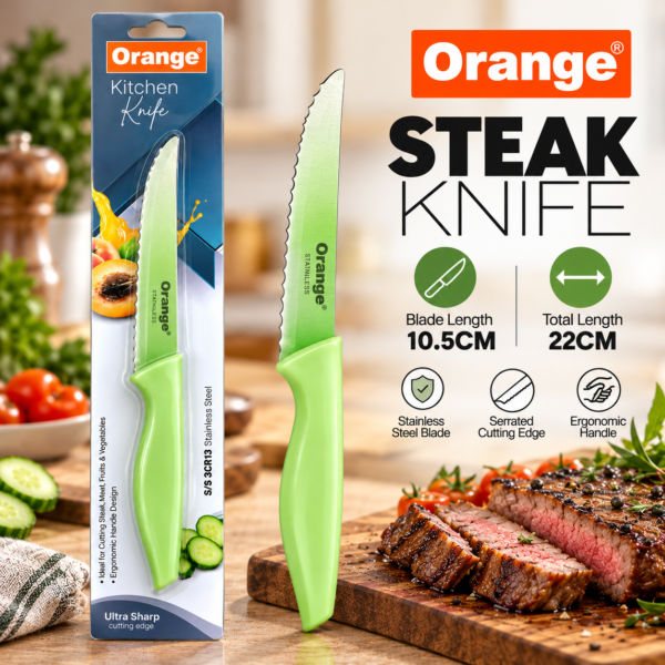Orange Steak Knife RE-5006 | 10.5cm Stainless Steel Blade | 20cm Total Length | Green Ergonomic Handle
