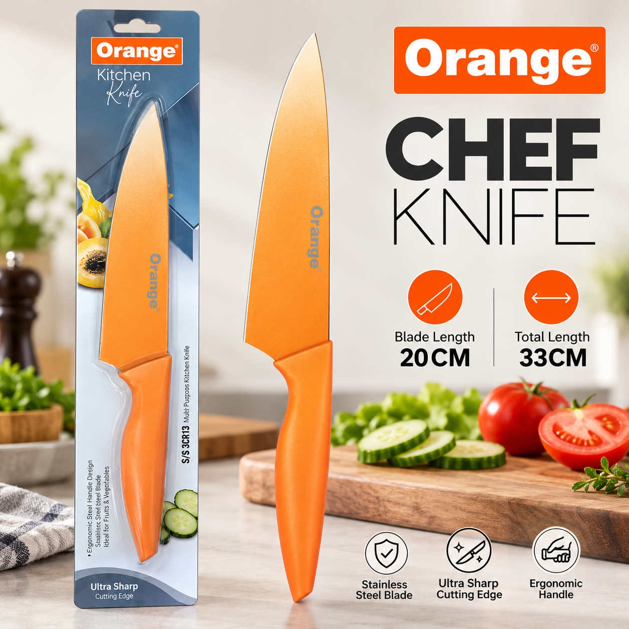 Orange Chef Knife Kitchen Poster