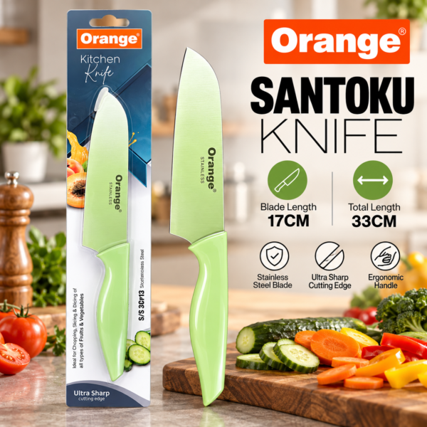 Orange Santoku Knife RE-5004 | 17cm Stainless Steel Blade | 33cm Total Length | Green Ergonomic Handle