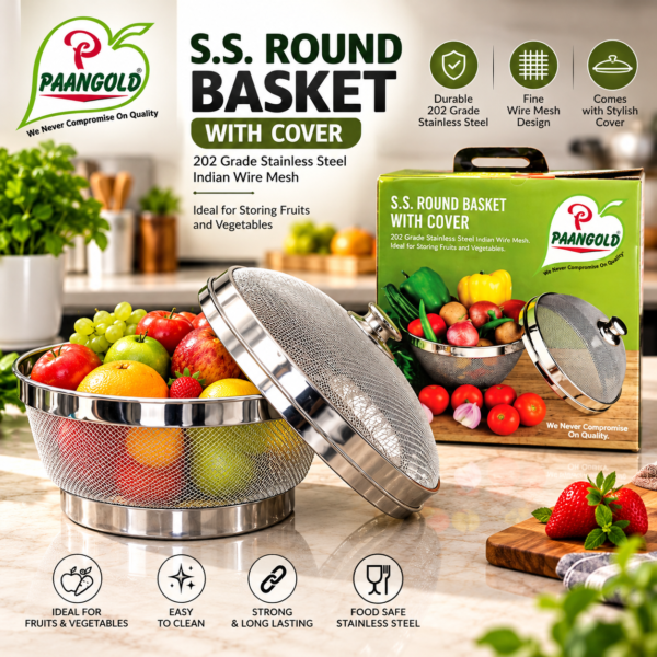 Paangold Round Basket with Cover | Stainless Steel Fruit & Vegetable Basket | No. 10