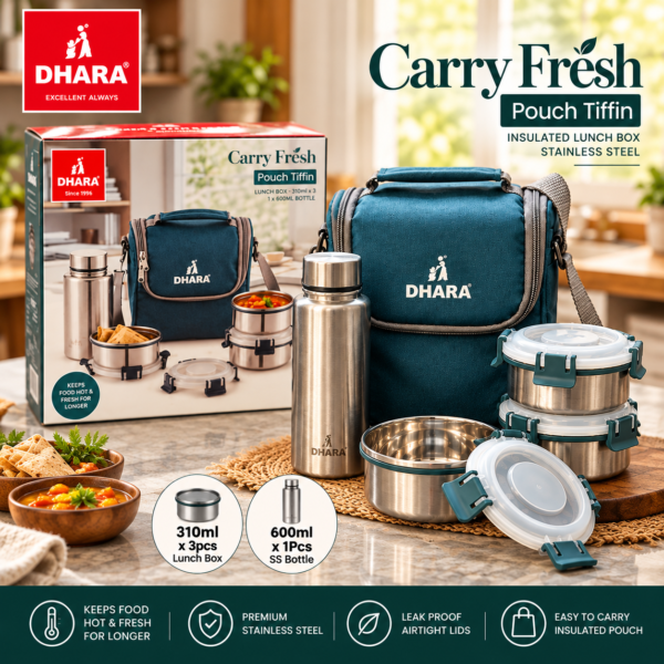 Dhara Carry Fresh Pouch Tiffin Set | 3 × 310ml Stainless Steel Lunch Boxes | 600ml SS Bottle | Insulated Carry Bag