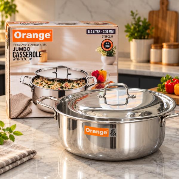 Orange Triply Stainless Steel Jumbo Casserole with S.S. Lid | 8.4 Litres | 300 MM | OTPC834