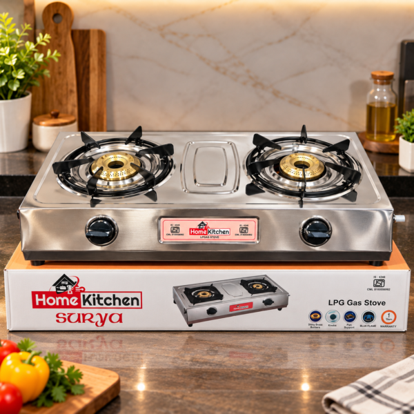 HomeKitchen Surya 2 Burner Jumbo LPG Gas Stove | Stainless Steel Body | Smart Shine-Top | Jumbo Brass Burners