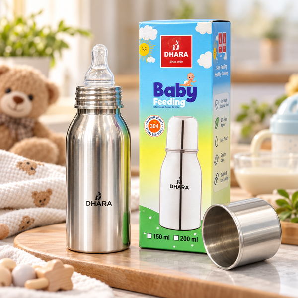 Dhara Stainless Steel Baby Feeding Bottle with Silicone Nipple | 150ml ...